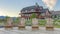 Panorama Whispy white clouds Wooden deck with four lounge chairs outside the residential area at Daybreak, Utah