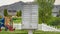 Panorama White metal cluster mailbox on the sidewalk in front of a colorful playground