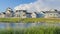 Panorama White puffy clouds Panoramic view of blue waters of Oquirrh Lake at Daybreak in South Jordan, California