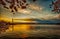 Panorama with a wide-angle lens part of tidal basin at the sunrise during the Cherry Blossom Festival