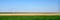 Panorama of wind turbines aligned in a field