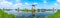 Panorama of the windmills and the reflection on water in Kinderdijk in Rotterdam, Netherlands