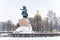 Panorama of the winter city and view of the Copper Horseman in St. Petersburg, winter landscape.