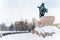 Panorama of the winter city and view of the Copper Horseman in St. Petersburg, winter landscape.