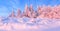 Panorama with winter fabulous fir trees covered with fluffy snow highlighted with pink light.