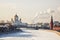 Panorama of winter Moscow with the frozen Moscow river, the Kremlin and the Cathedral of Christ the Savior