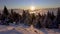 Panorama of Winter snowy forest in cold alpine mountains in colorful sunrise nature