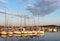 Panorama of a yacht marina in the town of Jezera in Croatia in the Dalmatia region. The ships moored in the port of a quiet