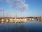 Panorama of a yacht marina in the town of Jezera in Croatia in the Dalmatia region. The ships moored in the port of a quiet fishin