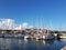 Panorama of a yacht marina in the town of Jezera in Croatia in the Dalmatia region. The ships moored in the port of a quiet fishin
