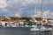 Panorama of a yacht marina in the town of Jezera in Croatia in the Dalmatia region. The ships moored in the port of a quiet fishin