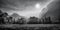 Panorama of Yosemite Valley during wildfires, black and white photo