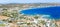 Panoramatic view of Faliraki beach lined with hotels Rhodes, Gr