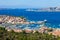 Panoramic aerial cityscape of Palau and mediterranean sea in Sardinia island