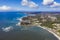 Panoramic aerial drone view of Caseys Beach at Batemans Bay, NSW, Australia