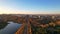 Panoramic aerial drone view of City Gates of Chisinau in Dacia Boulevard. View of road, trees, park, lake, buildings of