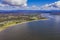 Panoramic aerial drone view of Corrigans Beach at Batemans Bay, NSW, Australia