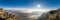 Panoramic aerial drone view of fogs over mountain in Montserrat Barcelona in morning