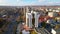 Panoramic aerial drone view of official residence of President with flag of Republic of Moldova. Presidential Palace in