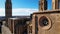 Panoramic aerial drone view of typical Gothic architecture La Seu Vella cathedral: vaults, colonnade, windows, arches of