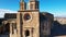 Panoramic aerial drone view of typical Gothic architecture La Seu Vella cathedral: vaults, colonnade, windows, arches of