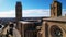 Panoramic aerial drone view of typical Gothic architecture La Seu Vella cathedral: vaults, colonnade, windows, arches of