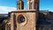 Panoramic aerial drone view of typical Gothic architecture La Seu Vella cathedral: vaults, colonnade, windows, arches of