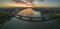 Panoramic aerial picture of Mainspitze area with Main river mouth and city of Mainz during sunset