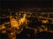 Panoramic aerial shot at night time of illuminated Basilica Notre Dame de Fourviere - Lyon