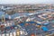 Panoramic aerial top view from the heights of the cityscape port harbor and industrial area of the city, with a tightly connected