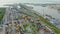 Panoramic aerial top view from the heights of the cityscape port harbor and industrial area, container warehouse and railway syste