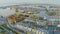 Panoramic aerial top view from the heights of the cityscape port harbor and industrial area, container warehouse and railway syste