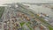 Panoramic aerial top view from the heights of the cityscape port harbor and industrial area, container warehouse and railway syste