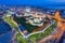 Panoramic aerial top view of Kazan Kremlin Kul Sharif mosque islam republic sunset, Tatarstan Russia