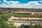 Panoramic aerial view from above to Soviet abandoned factory in Efremov, Russia