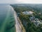 Panoramic aerial view of the Baltic Sea coast and the promenade in the resort town of Svetlogorsk, beach, Waves breaking