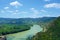 Panoramic aerial view of beautiful Wachau Valley with the historic town of Durnstein and famous Danube river, Lower Austria region