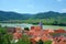 Panoramic aerial view of beautiful Wachau Valley with the historic town of Durnstein and famous Danube river, Lower Austria region