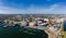 Panoramic aerial view of Cardiff Bay with the city centre in the background