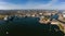 Panoramic aerial view of Cardiff Bay with the city centre in the background