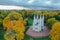 Panoramic aerial view of the Church in the medieval Gothic style in the park of St. Petersburg. Gothic chapel. Autumn