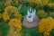 Panoramic aerial view of the Church in the medieval Gothic style in the park of St. Petersburg. Gothic chapel. Autumn