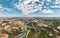 Panoramic aerial view of the city of Neuquen. To the left Limay river and to the right Neuquen river. The rivers begin to mix and