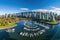 Panoramic aerial view of the city of Vancouver, British Columbia, Canada, Aerial Panorama of Downtown City at False Creek,