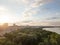 Panoramic aerial view from the drone to Obolon district, park Natalka, river Dnieper in Kiev.