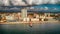 Panoramic aerial view of Follonica, Italy. Coastline of Tuscany with town and ocean