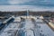 Panoramic aerial view of the Grand Palace and the park with fountains in winter in Peterhof. The upper garden is closed for