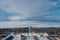 Panoramic aerial view of the Grand Palace and the park with fountains in winter in Peterhof. The upper garden is closed for