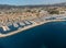 Panoramic aerial view on historical coastal Provencal city La Ciotat with large sailboat harbour and yacht shipyard, summer