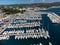 Panoramic aerial view on historical coastal Provencal city La Ciotat with large sailboat harbour and yacht shipyard, summer